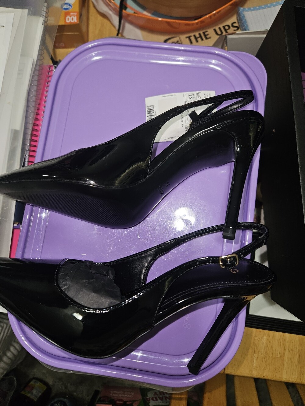 Black Patent Pointed-Toe Slingback Stilettto Heels